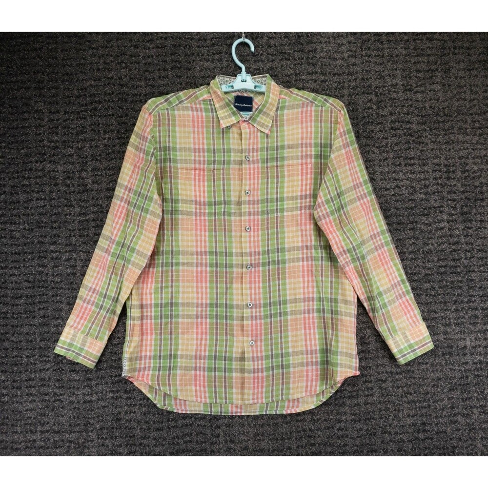 Tommy Bahama Shirt Mens Large Green Yellow Plaid Linen Blend Long Sleeve Beach